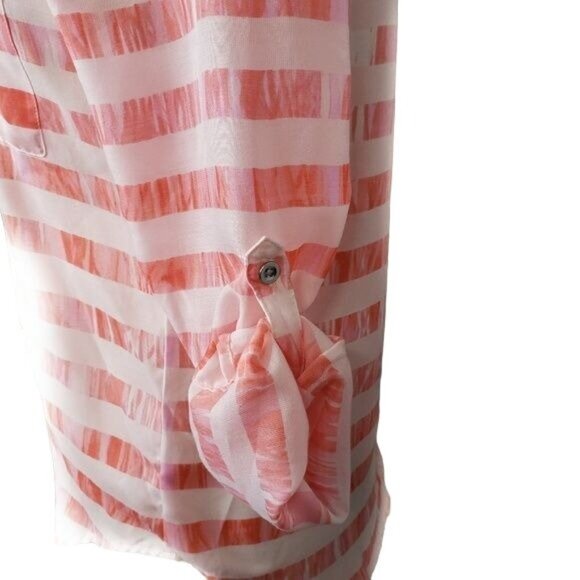 Calvin Klein Womens Sheer Coral Pink‎ Striped Button-Down Blouse S - Picture 5 of 8